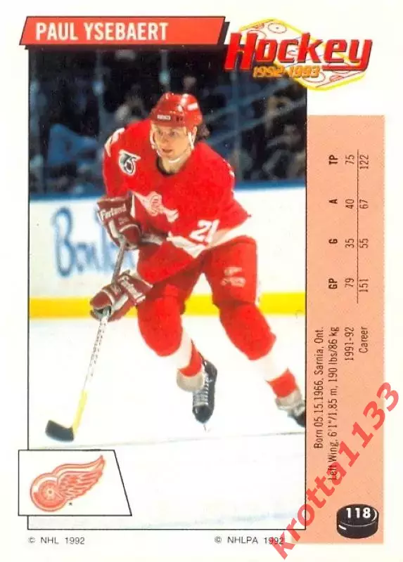 Наклейка #118 Paul Ysebaert Detroit Red Wings для альбома PANINI NHL 1992-1993