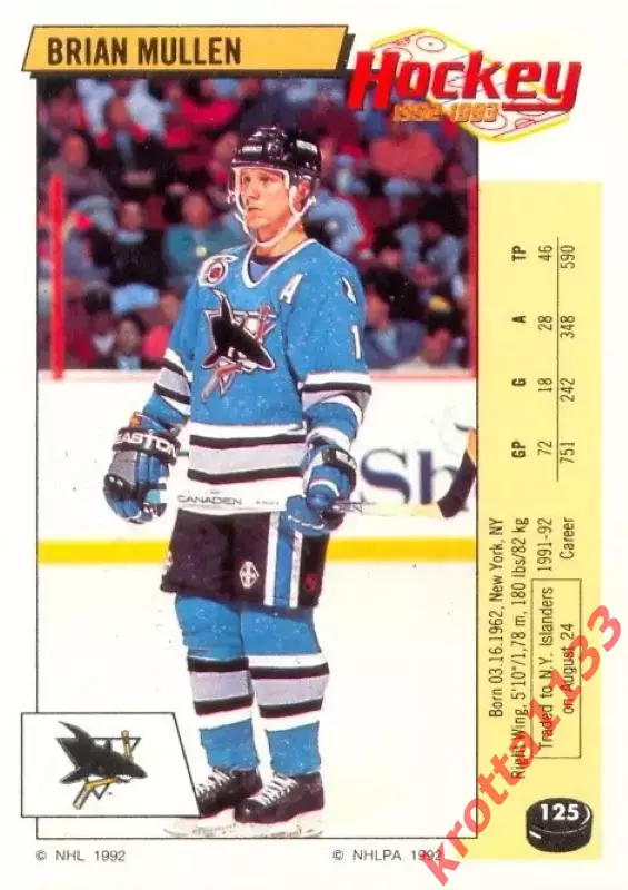Наклейка #125 Brian Mullen San Jose Sharks для альбома PANINI NHL 1992-1993