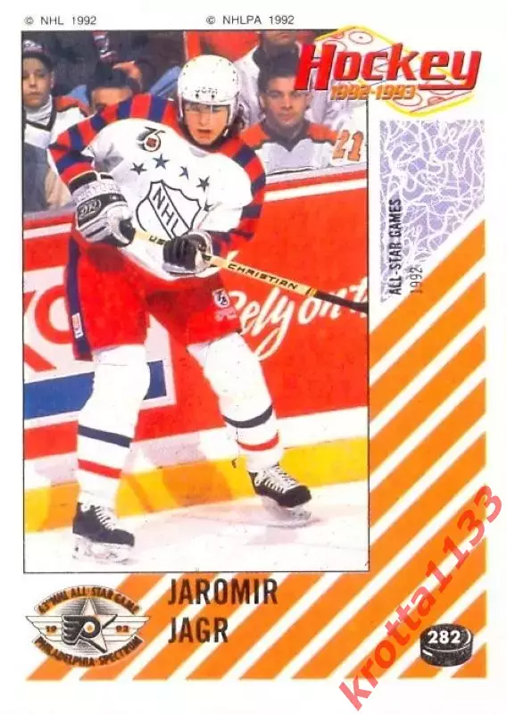 Наклейка #282 Jaromir Jagr Pittsburgh Penguins для альбома PANINI NHL 1992-1993