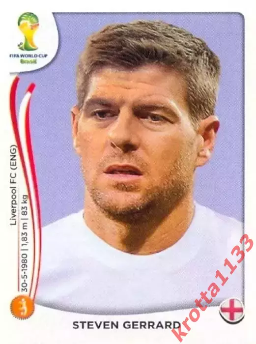 Наклейка #307 Steven Gerrard для альбома PANINI Чемпионат Мира 2014