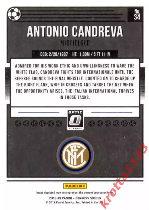 Карточка #O-34 Antonio Candreva FC Internazionale PANINI Donruss Soccer 2018-19 1