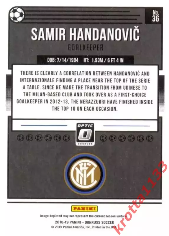 Карточка #O-36 Samir Handanovic FC Internazionale PANINI Donruss Soccer 2018-19 1