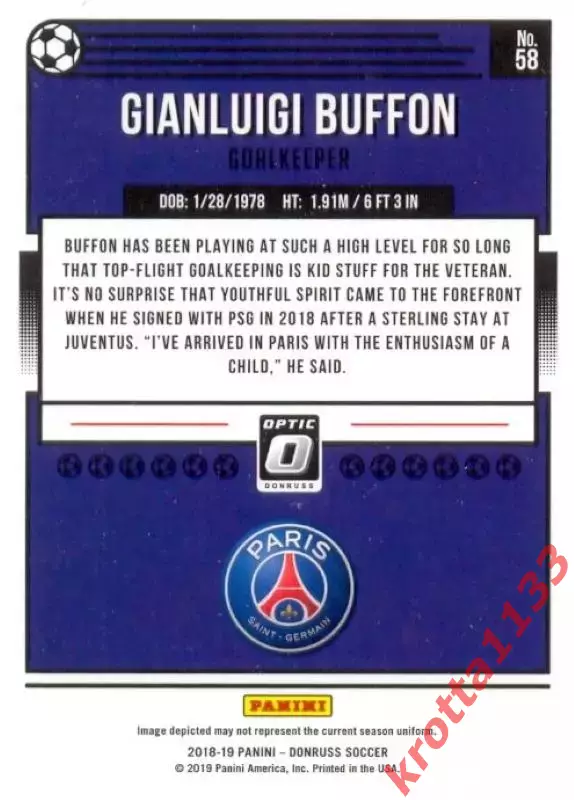 Карточка #O-58 Gianluigi Buffon Paris Saint-Germain PANINI Donruss Soccer 18-19 1
