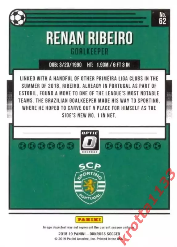 Карточка #O-62 Renan Ribeiro Sporting CP PANINI Donruss Soccer 2018-2019 1