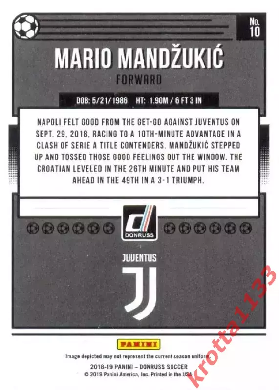 Карточка #10S Mario Mandzukic Juventus PANINI Donruss Soccer 2018-2019 1
