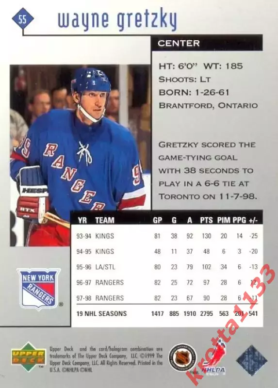 Wayne Gretzky New York Rangers Upper Deck Black Diamond Hockey 1998-1999 1