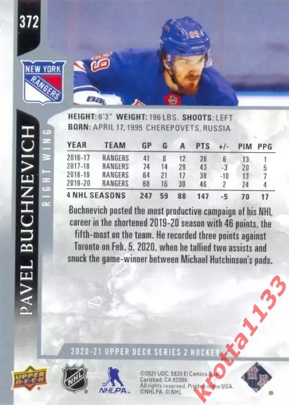 Pavel Buchnevich New York Rangers Upper Deck Hockey 2020-2021 1