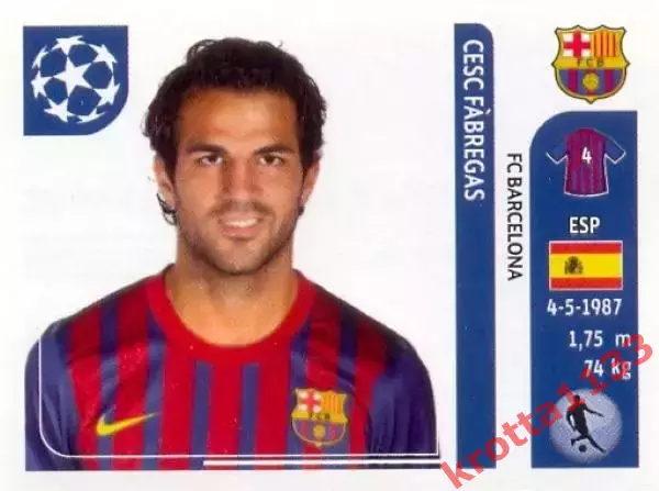 Наклейка #492 Cesc Fabregas для альбома PANINI Лига Чемпионов УЕФА 2011-2012