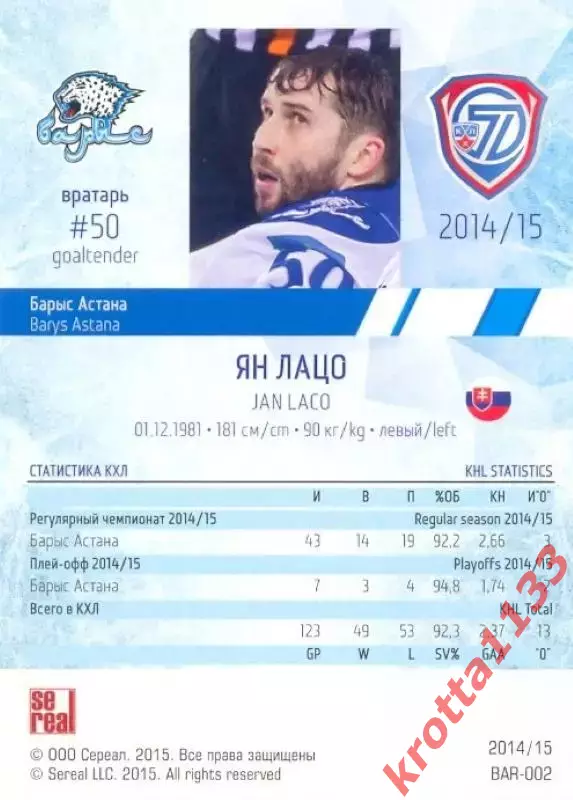 Ян Лацо Барыс Астана SeReal Карточки КХЛ 2014-2015 1
