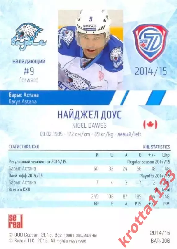 Найджел Доус Барыс Астана SeReal Карточки КХЛ 2014-2015 1