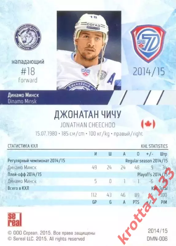Джонатан Чичу Динамо Минск SeReal Карточки КХЛ 2014-2015 1