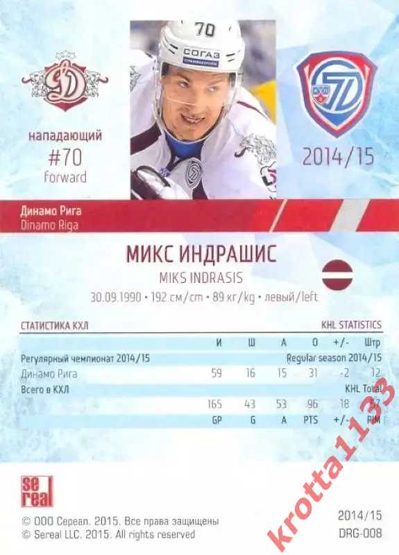 Микс Индрашис Динамо Рига SeReal Карточки КХЛ 2014-2015 1