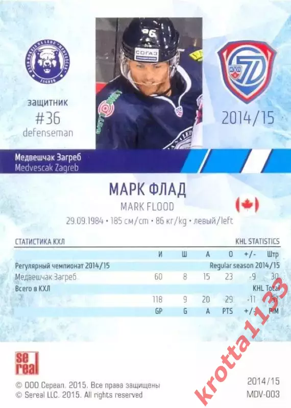 Марк Флад Медвешчак Загреб SeReal Карточки КХЛ 2014-2015 1