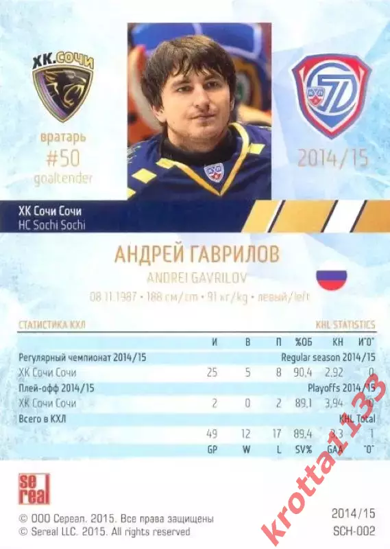 Андрей Гаврилов ХК Сочи SeReal Карточки КХЛ 2014-2015 1