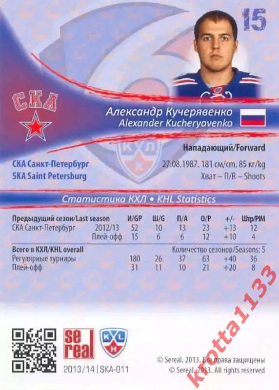 Александр Кучерявенко СКА Санкт-Петербург SeReal Карточки КХЛ 2013-2014 1