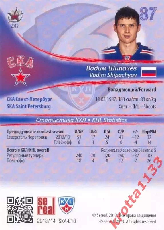 Вадим Шипачёв СКА Санкт-Петербург SeReal Карточки КХЛ 2013-2014 1