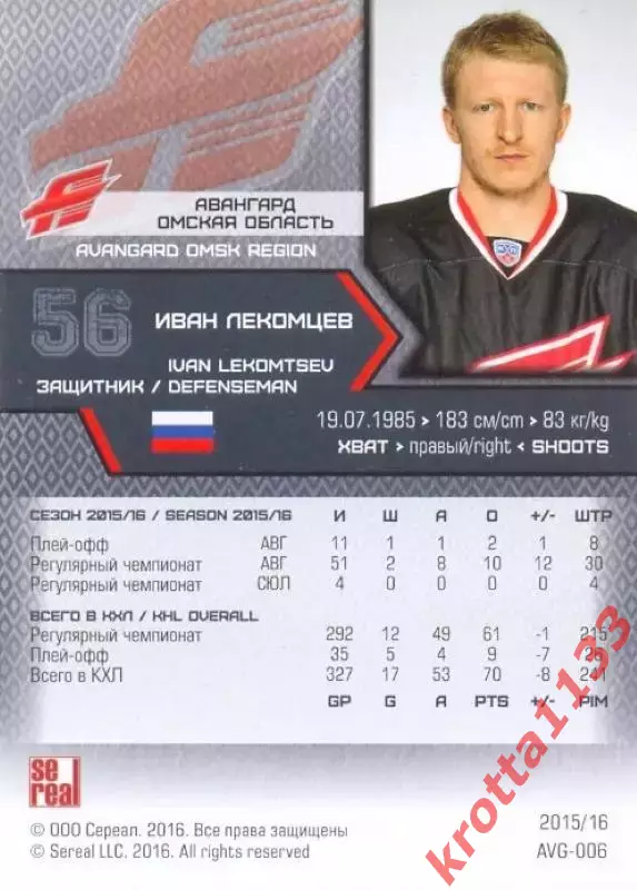 Иван Лекомцев Авангард Омск SeReal Карточки КХЛ 2015-2016 1