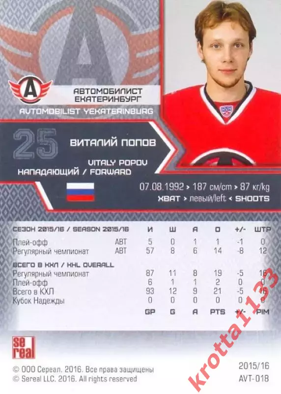 Виталий Попов Автомобилист Екатеринбург SeReal Карточки КХЛ 2015-2016 1