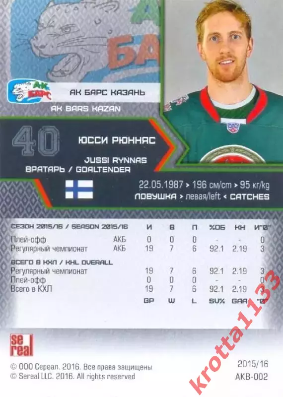 Юсси Рюнняс Ак Барс Казань SeReal Карточки КХЛ 2015-2016 1