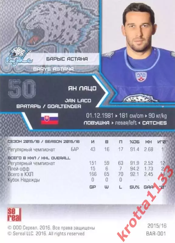 Ян Лацо Барыс Астана SeReal Карточки КХЛ 2015-2016 1