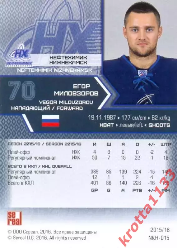 Егор Миловзоров Нефтехимик Нижнекамск SeReal Карточки КХЛ 2015-2016 1