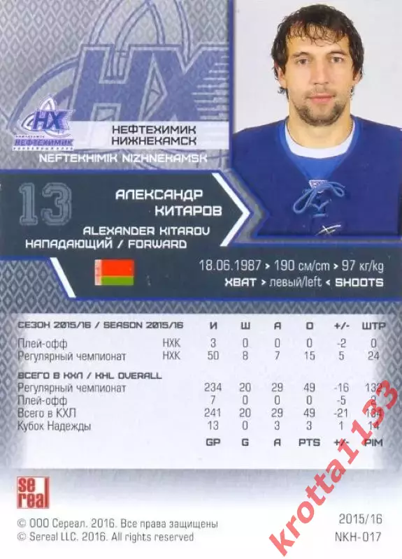Александр Китаров Нефтехимик Нижнекамск SeReal Карточки КХЛ 2015-2016 1