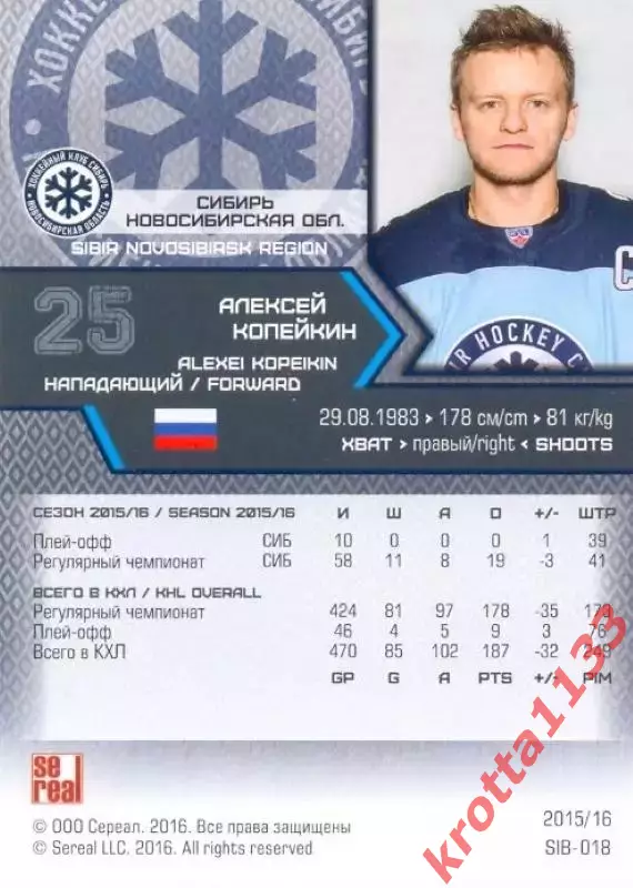 Алексей Копейкин Сибирь Новосибирск SeReal Карточки КХЛ 2015-2016 1