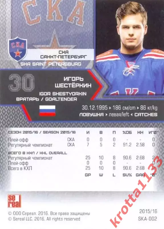 Игорь Шестёркин СКА Санкт-Петербург SeReal Карточки КХЛ 2015-2016 1