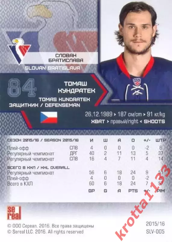 Томаш Кундратек Слован Братислава SeReal Карточки КХЛ 2015-2016 1