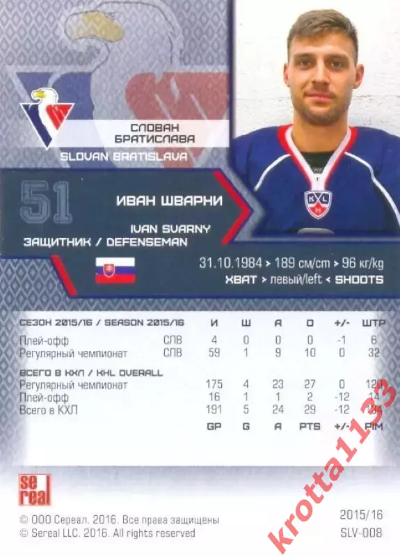 Иван Шварни Слован Братислава SeReal Карточки КХЛ 2015-2016 1