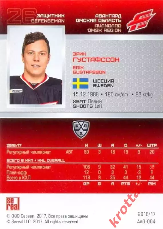 Эрик Густафссон Авангард Омск SeReal Карточки КХЛ 2016-2017 1