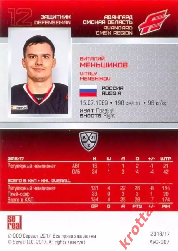 Виталий Меньшиков Авангард Омск SeReal Карточки КХЛ 2016-2017 1