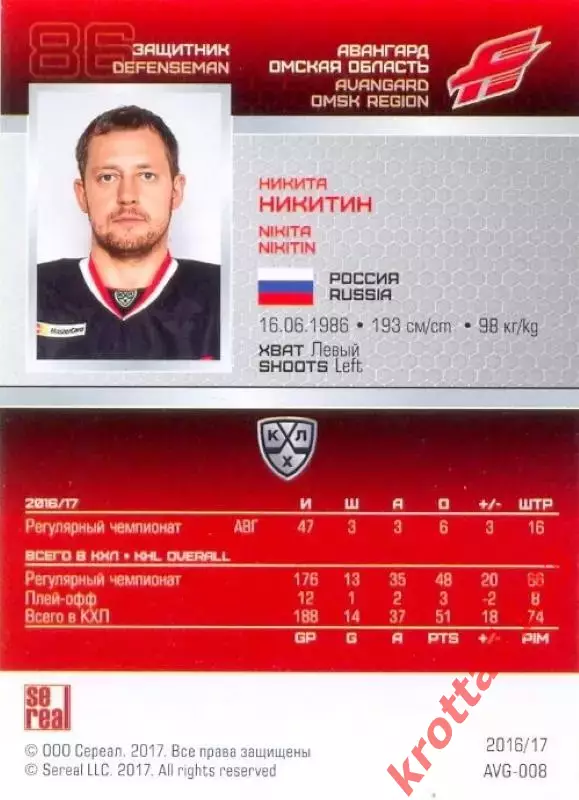 Никита Никитин Авангард Омск SeReal Карточки КХЛ 2016-2017 1