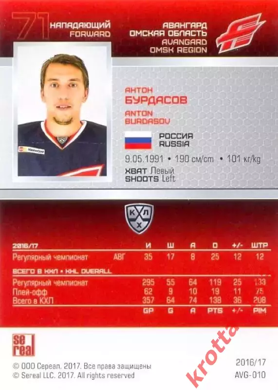 Антон Бурдасов Авангард Омск SeReal Карточки КХЛ 2016-2017 1