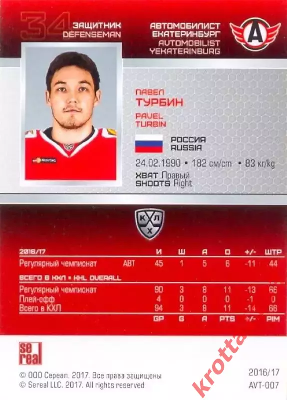Павел Турбин Автомобилист Екатеринбург SeReal Карточки КХЛ 2016-2017 1