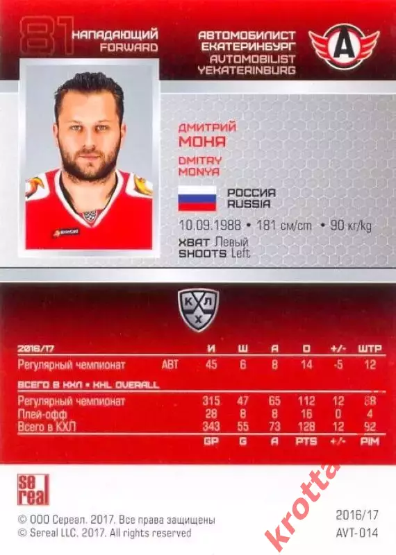 Дмитрий Моня Автомобилист Екатеринбург SeReal Карточки КХЛ 2016-2017 1