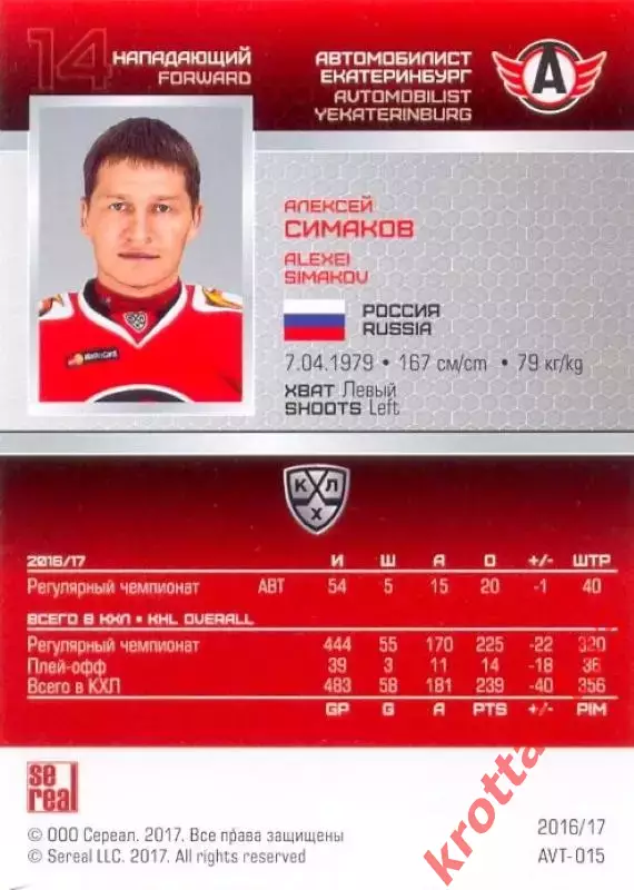 Алексей Симаков Автомобилист Екатеринбург SeReal Карточки КХЛ 2016-2017 1