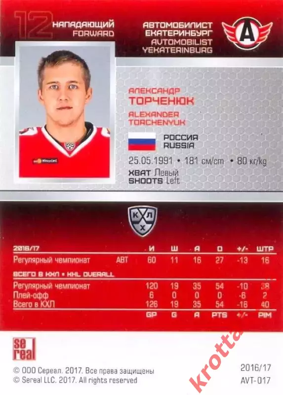 Александр Торченюк Автомобилист Екатеринбург SeReal Карточки КХЛ 2016-2017 1