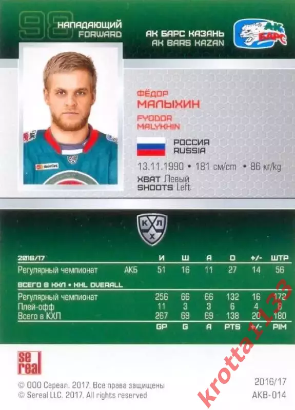 Фёдор Малыхин Ак Барс Казань SeReal Карточки КХЛ 2016-2017 1