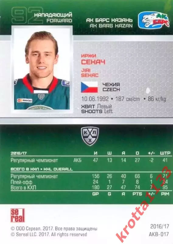 Иржи Секач Ак Барс Казань SeReal Карточки КХЛ 2016-2017 1