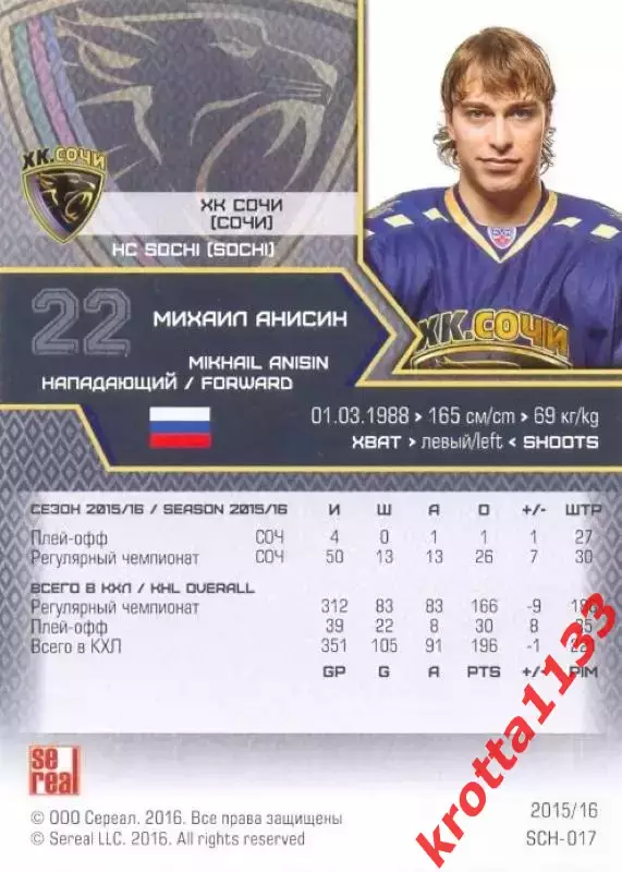 Михаил Анисин ХК Сочи SeReal Карточки КХЛ 2015-2016 1