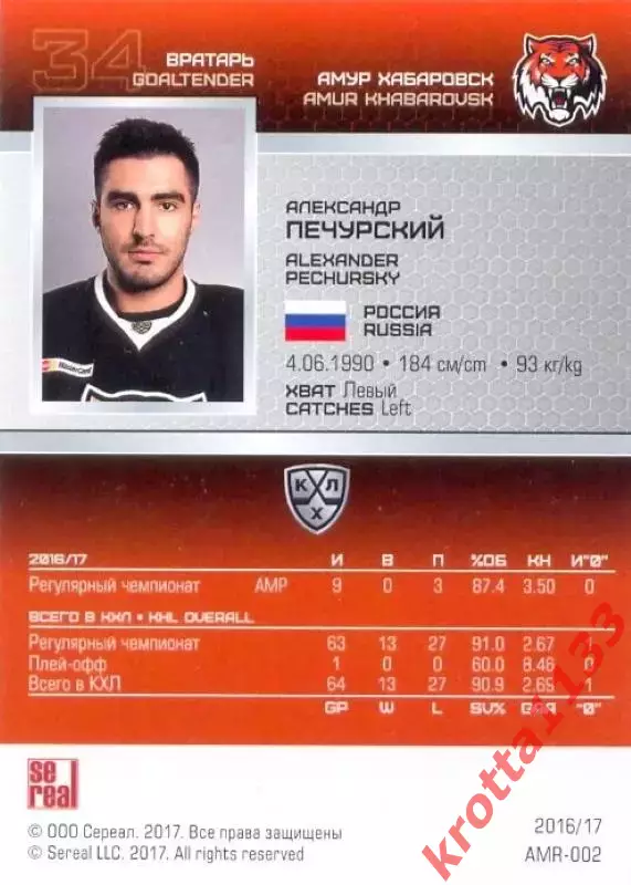 Александр Печурский Амур Хабаровск SeReal Карточки КХЛ 2016-2017 1