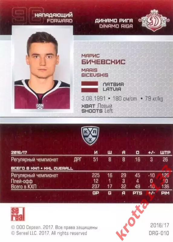 Марис Бичевскис Динамо Рига SeReal Карточки КХЛ 2016-2017 1