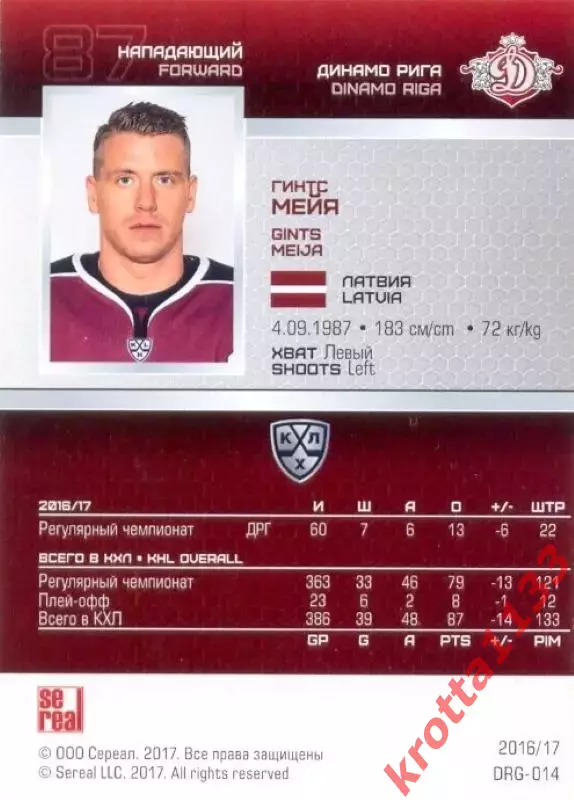 Гинтс Мейя Динамо Рига SeReal Карточки КХЛ 2016-2017 1