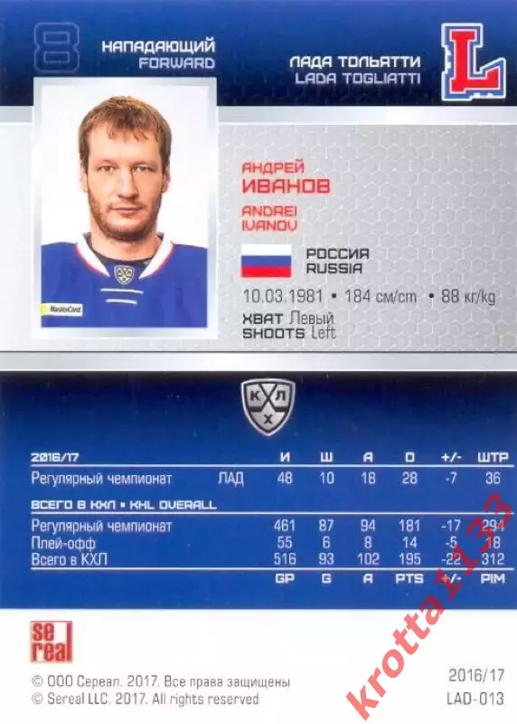 Андрей Иванов Лада Тольятти SeReal Карточки КХЛ 2016-2017 1