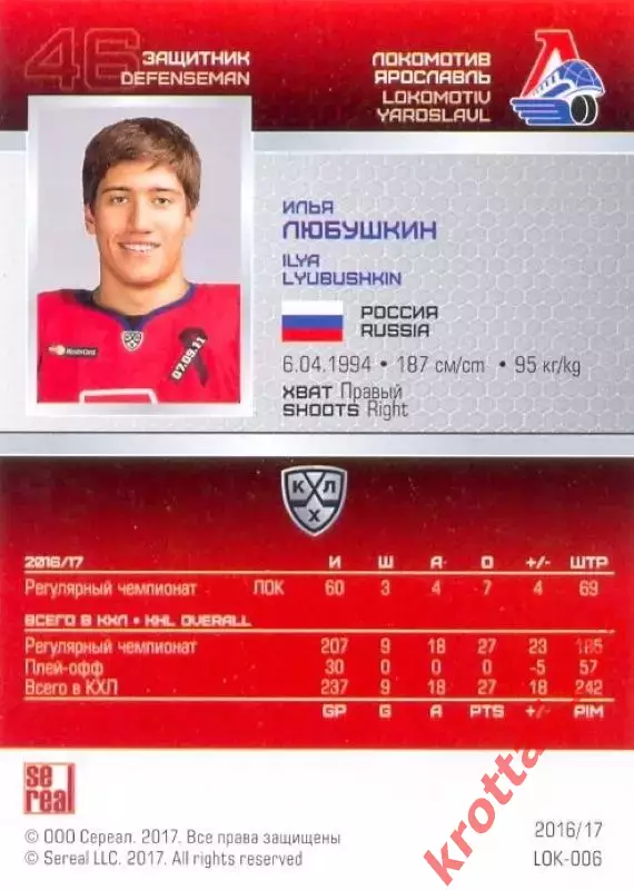 Илья Любушкин Локомотив Ярославль SeReal Карточки КХЛ 2016-2017 1