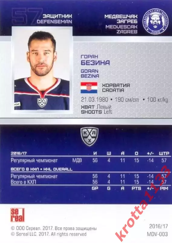 Горан Безина Медвешчак Загреб SeReal Карточки КХЛ 2016-2017 1