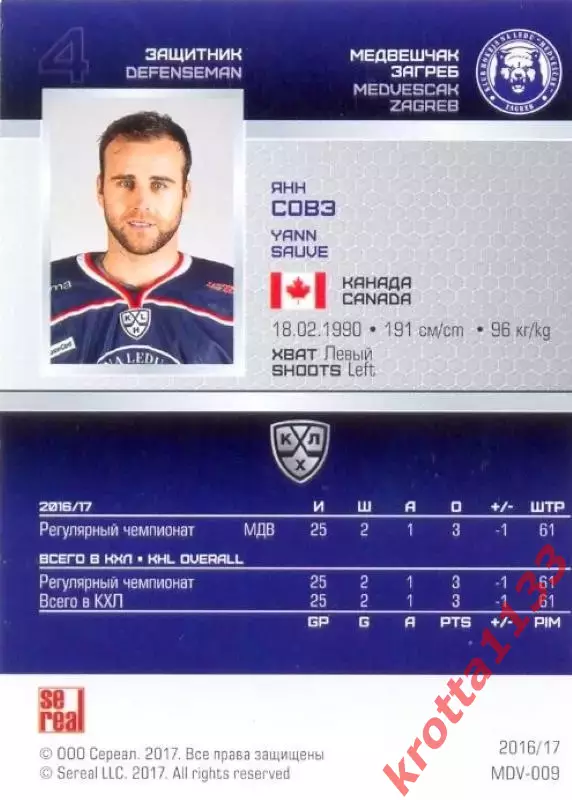 Янн Совэ Медвешчак Загреб SeReal Карточки КХЛ 2016-2017 1