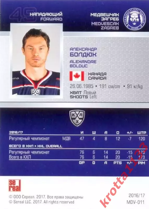 Александр Болдюк Медвешчак Загреб SeReal Карточки КХЛ 2016-2017 1
