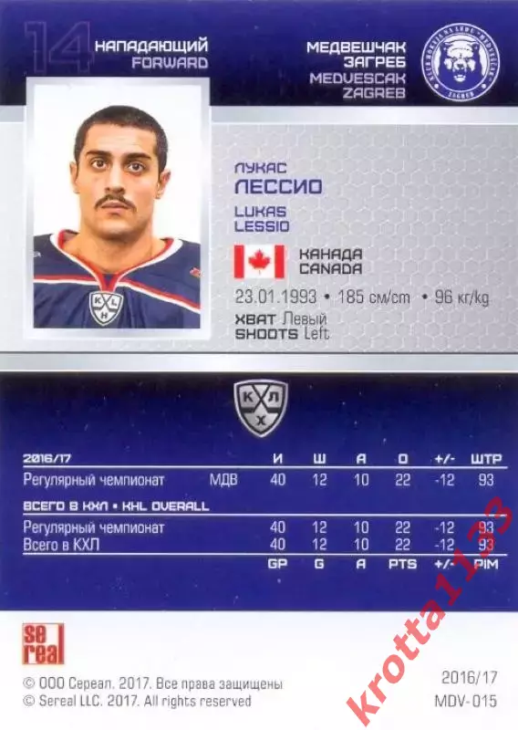 Лукас Лессио Медвешчак Загреб SeReal Карточки КХЛ 2016-2017 1